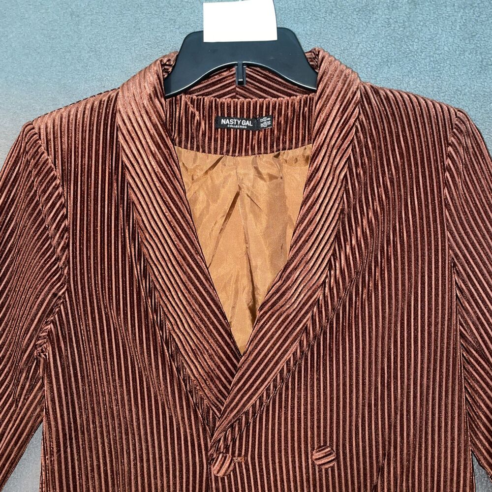 Nasty Gal Blazer Jacket Ribbed Velvet Double Breasted Brown Bronze Size 8 - Picture 2 of 16